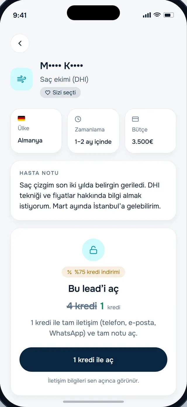 Örnek görünüm: uygulamada talep ayrıntısı ve Bu lead’i aç kartı