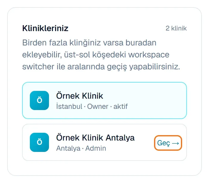 Telefonda Ayarlar sayfasındaki Klinikleriniz bölümü ve Geç bağlantısı