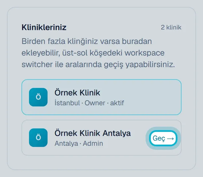 Telefonda Ayarlar sayfasındaki Klinikleriniz bölümü ve Geç bağlantısı