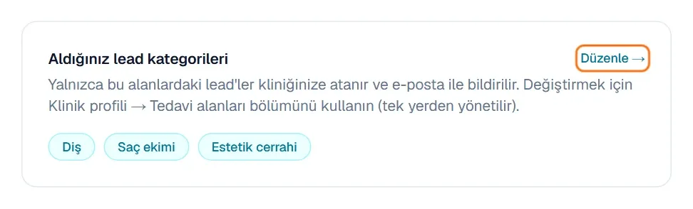 Aldığınız lead kategorileri bölümü ve Düzenle bağlantısı
