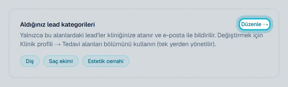Aldığınız lead kategorileri bölümü ve Düzenle bağlantısı