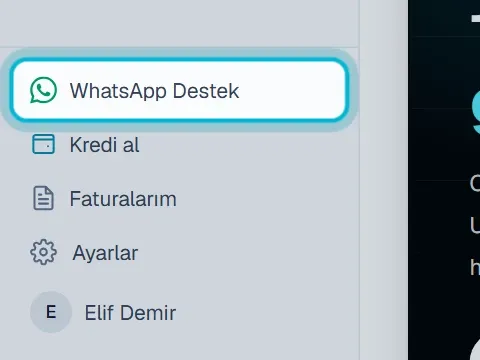 Sol menünün altında WhatsApp Destek bağlantısı
