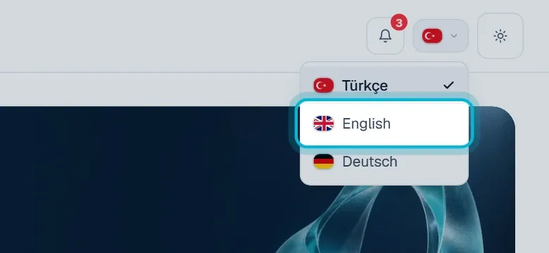 Sağ üstte açık dil listesi: Türkçe, English ve Deutsch
