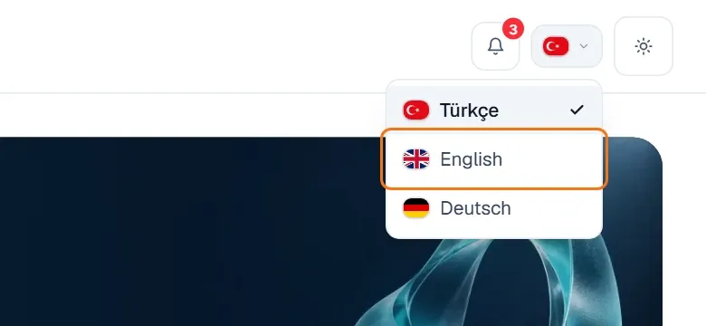 Sağ üstte açık dil listesi: Türkçe, English ve Deutsch