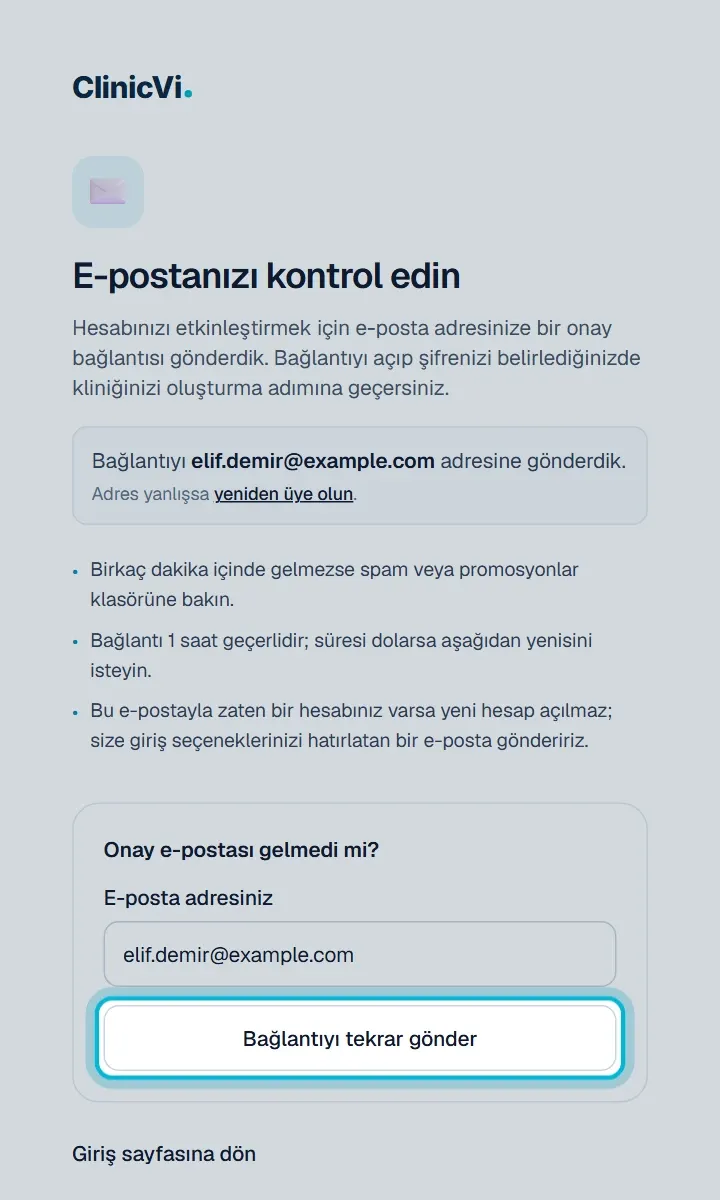 E-postanızı kontrol edin sayfası: gönderilen adres, ipuçları ve Bağlantıyı tekrar gönder butonu