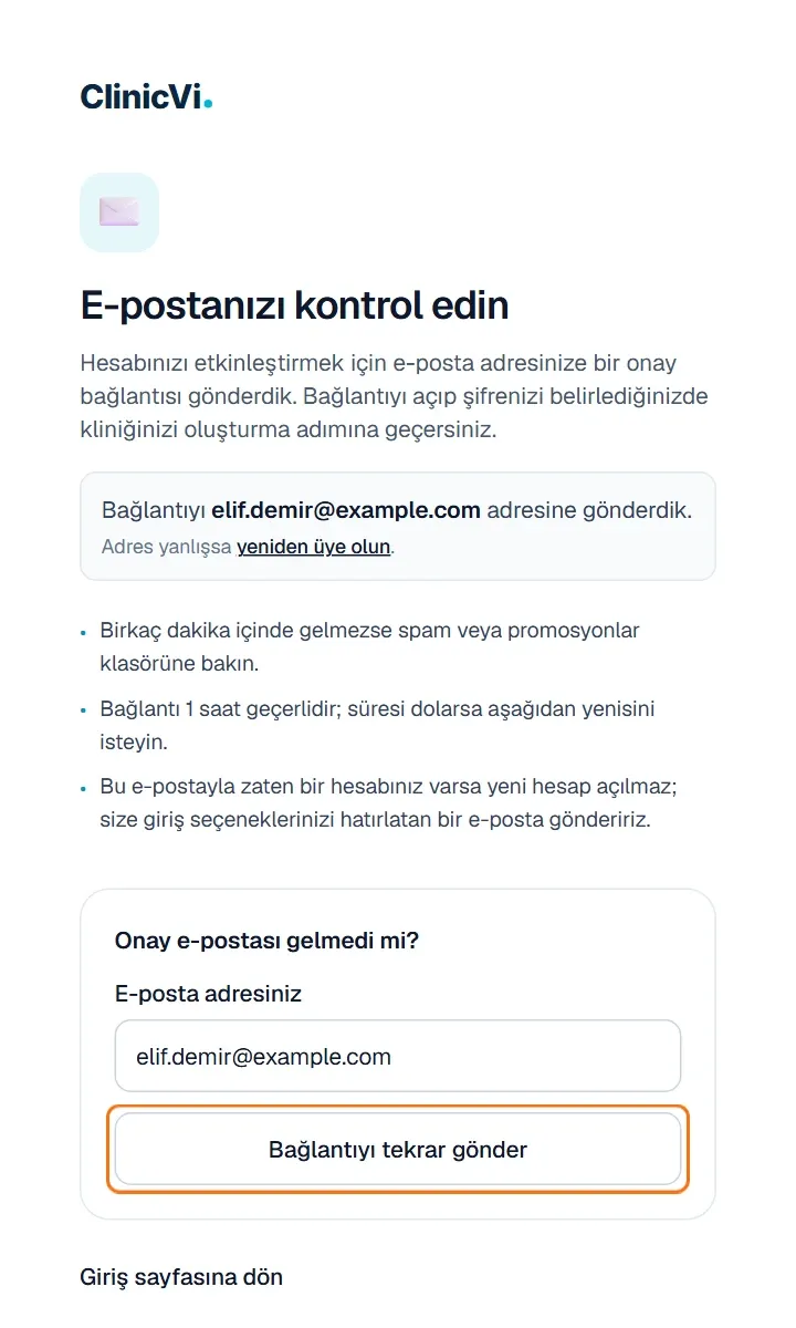 E-postanızı kontrol edin sayfası: gönderilen adres ve Bağlantıyı tekrar gönder butonu