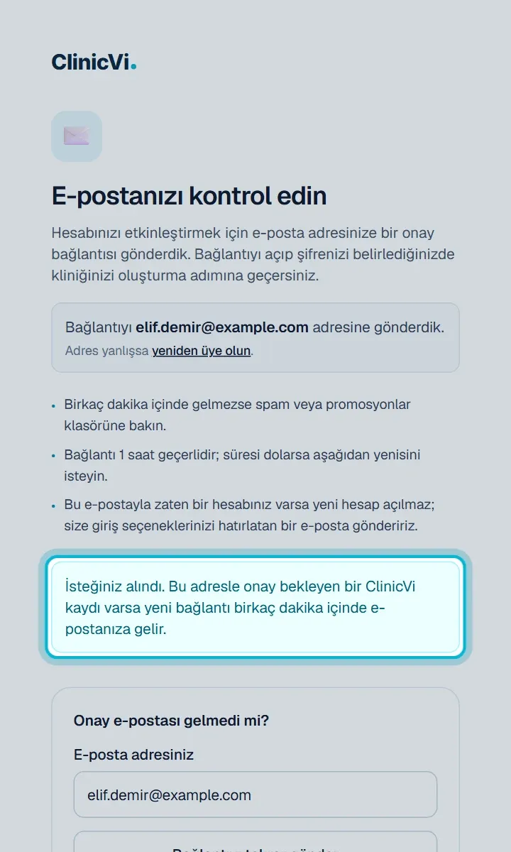 Bağlantı tekrar istendikten sonra görünen İsteğiniz alındı mesajı