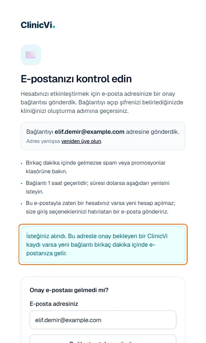 Bağlantı tekrar istendikten sonra görünen İsteğiniz alındı mesajı