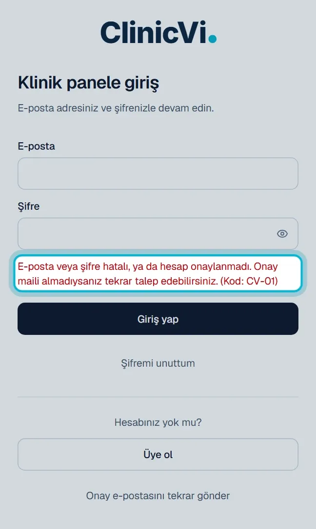 Giriş sayfasında hata mesajı ve sonundaki Kod: CV-01