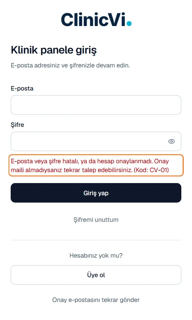 Giriş sayfasında hata mesajı ve sonundaki Kod: CV-01