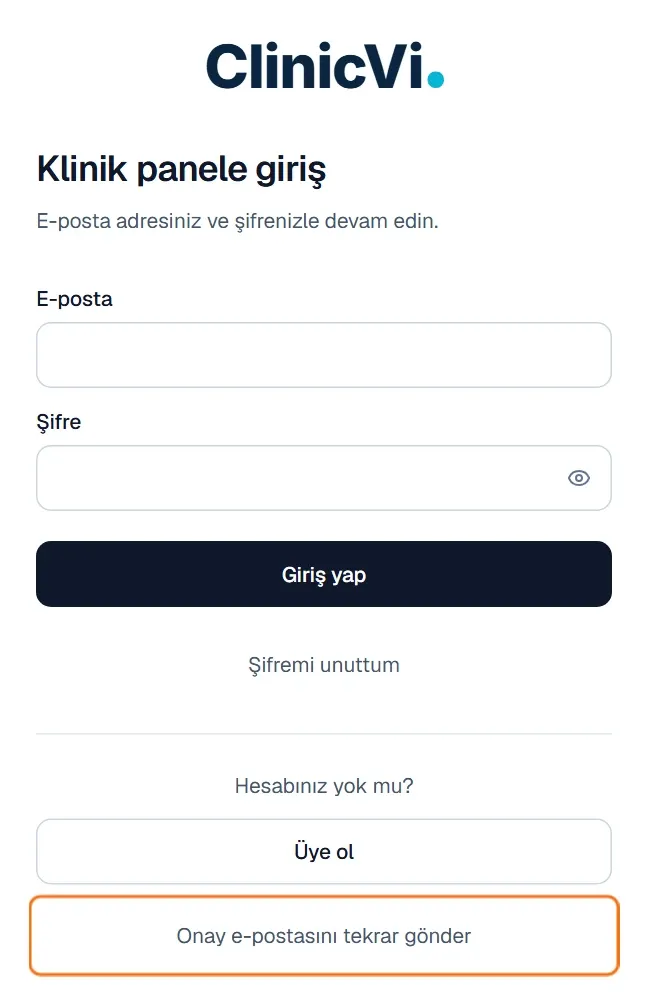 Giriş sayfasında Onay e-postasını tekrar gönder bağlantısı