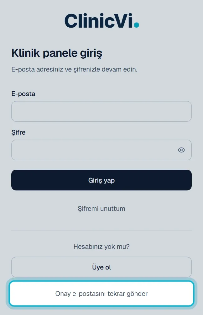 Giriş sayfasında Onay e-postasını tekrar gönder bağlantısı
