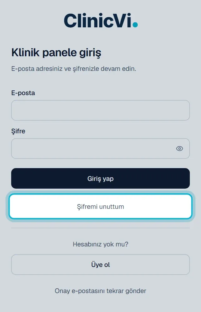 Giriş sayfasında Şifremi unuttum bağlantısı