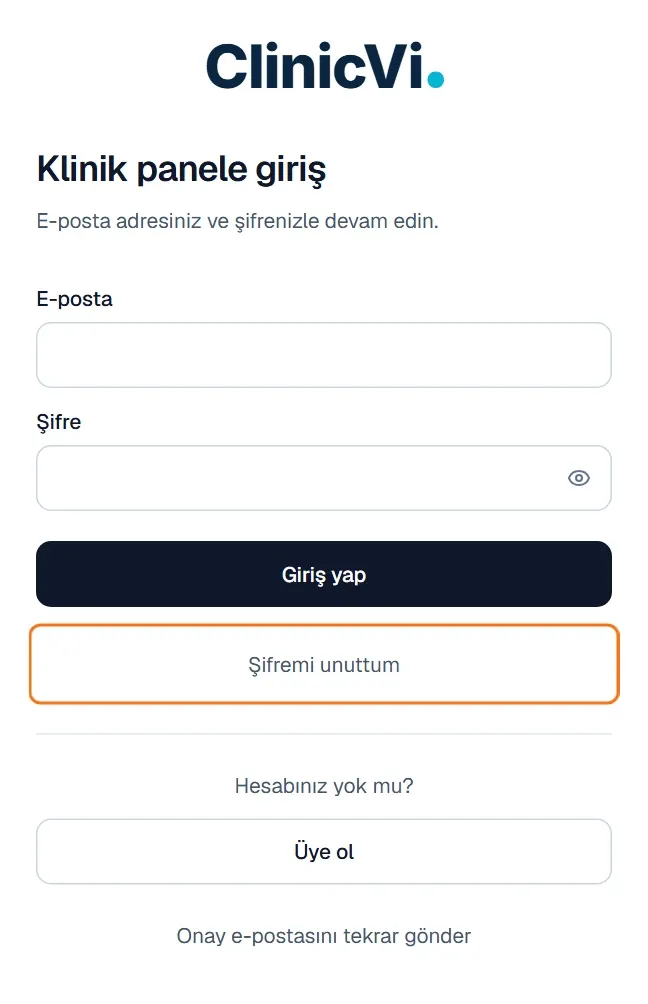 Giriş sayfasında Şifremi unuttum bağlantısı