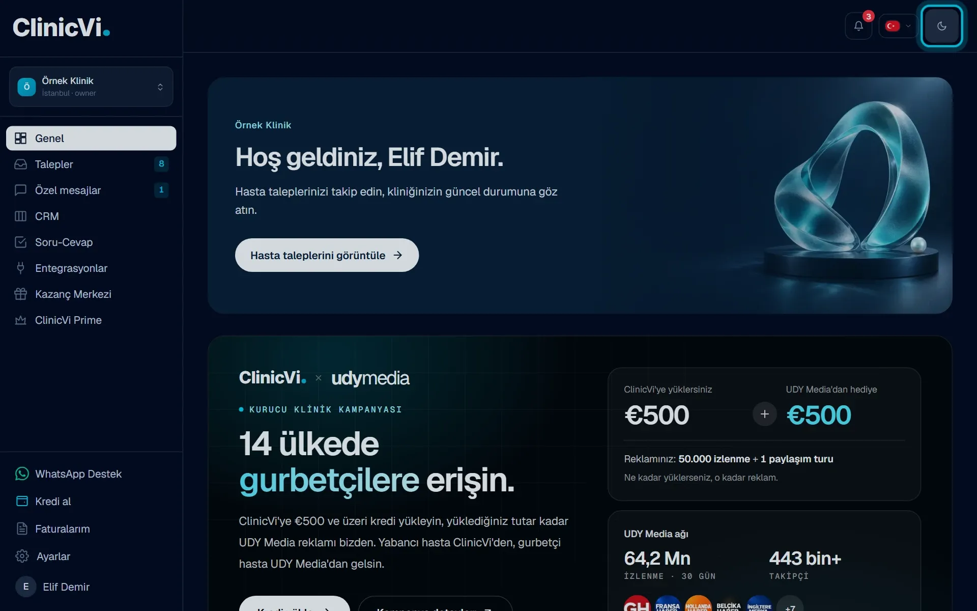 Karanlık temada Genel sayfası ve sağ üstteki tema butonu