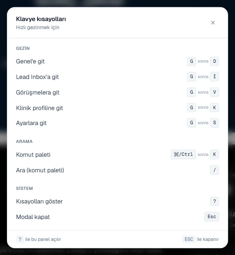 Klavye kısayolları penceresi