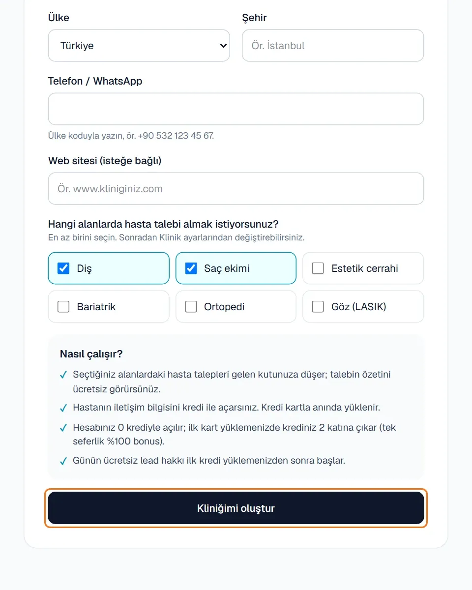 Tedavi alanları seçilmiş, Nasıl çalışır? kutusu ve Kliniğimi oluştur butonu