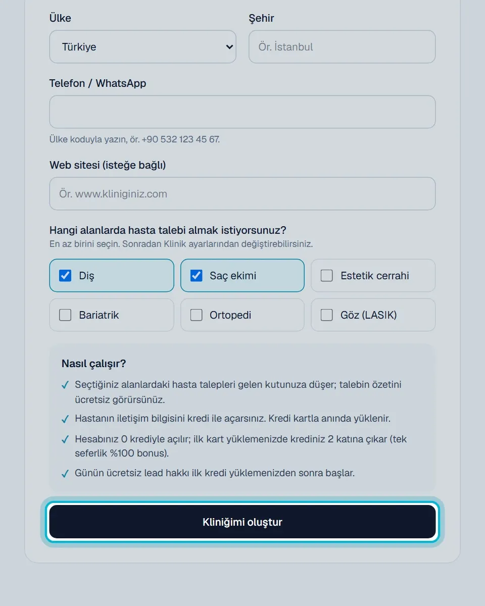 Kliniğinizi oluşturun sayfasında seçilmiş tedavi alanları ve Kliniğimi oluştur butonu