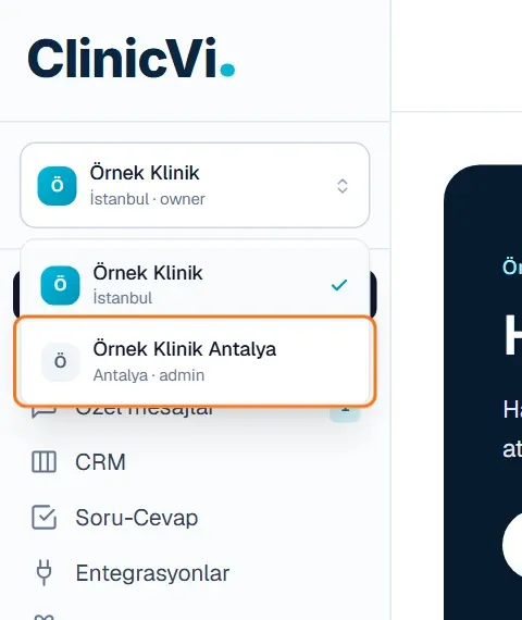 Sol menüde açık klinik listesi: Örnek Klinik ve Örnek Klinik Antalya