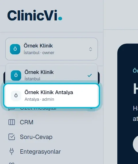 Sol menüde açık klinik listesi: Örnek Klinik ve Örnek Klinik Antalya