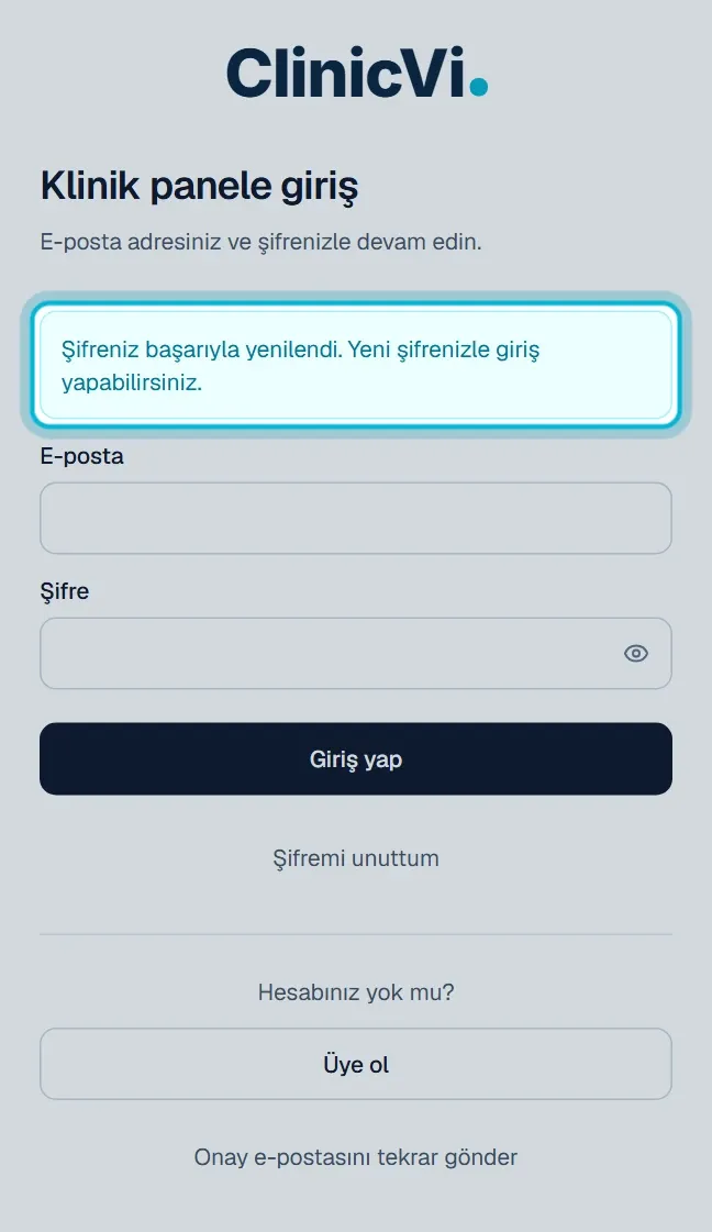 Giriş sayfasında Şifreniz başarıyla yenilendi mesajı