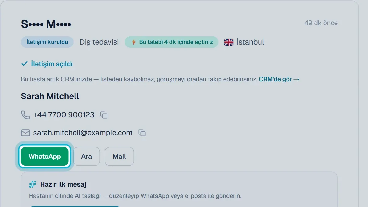 Açılmış talepte hastanın iletişim bilgileri ile WhatsApp, Ara ve Mail butonları