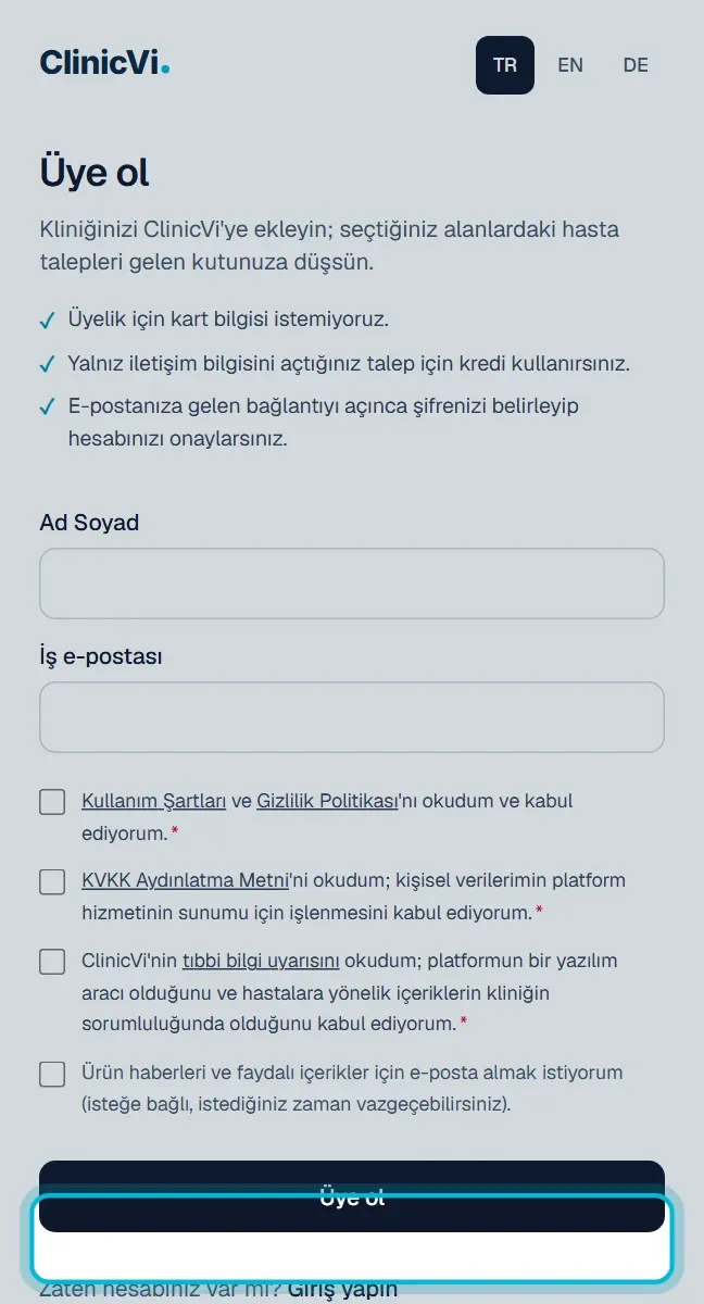 Üye ol formu: Ad Soyad, İş e-postası, onay kutuları ve Üye ol butonu