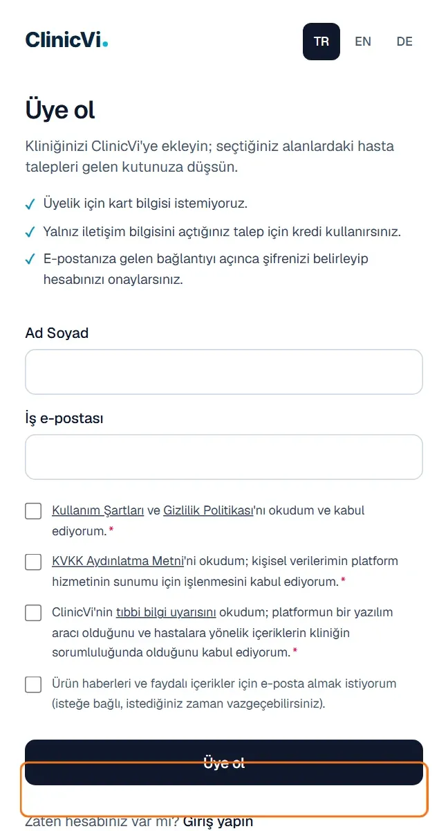 Üye ol formu: Ad Soyad, İş e-postası, onay kutuları ve Üye ol butonu