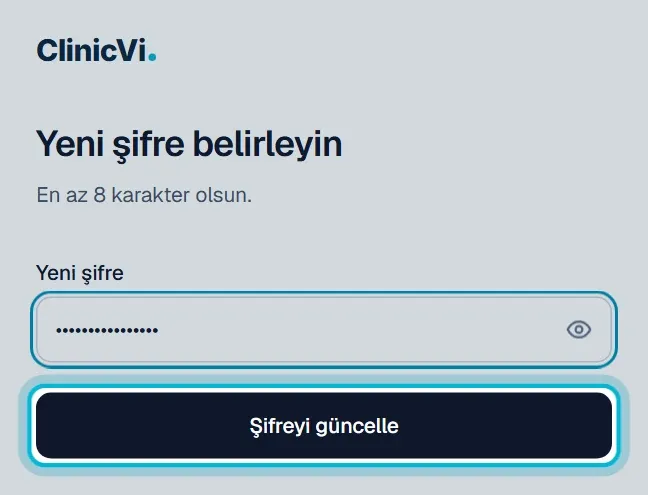 Yeni şifre belirleyin sayfası: Yeni şifre alanı ve Şifreyi güncelle butonu