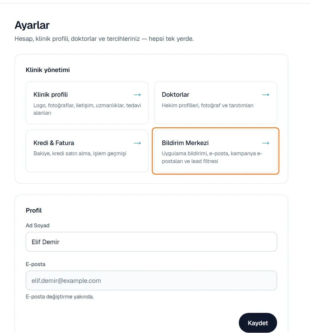 Ayarlar sayfasındaki Bildirim Merkezi kartı