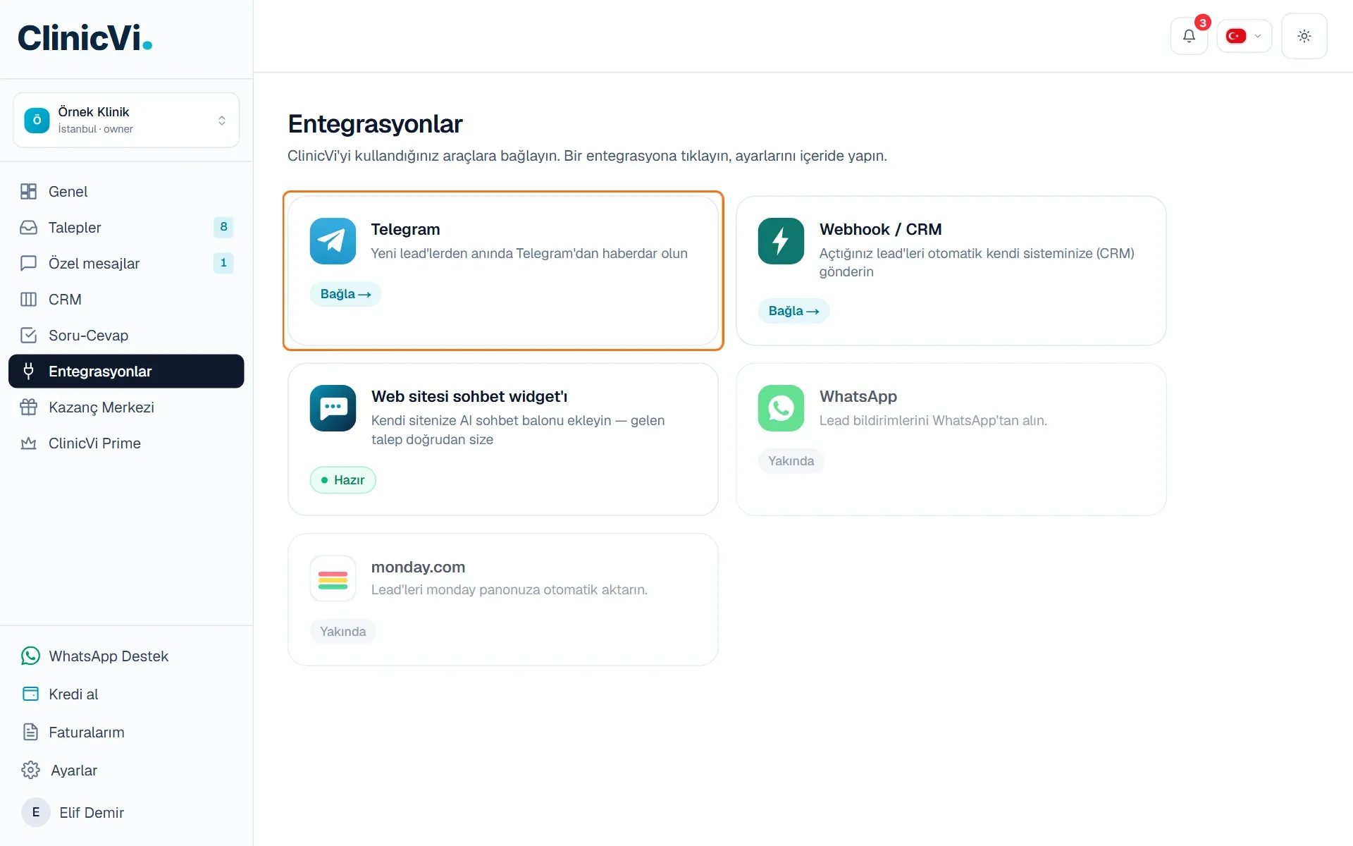 Entegrasyonlar sayfasındaki Telegram kartı