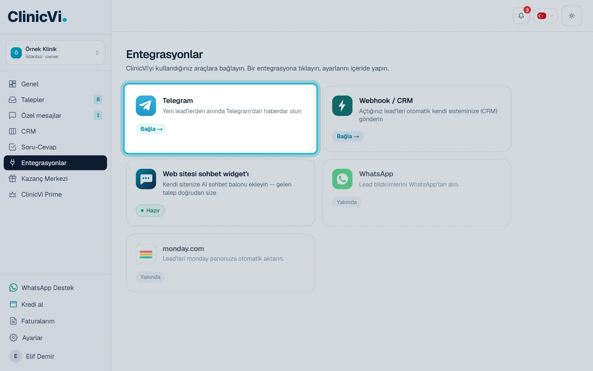 Entegrasyonlar sayfasındaki Telegram kartı