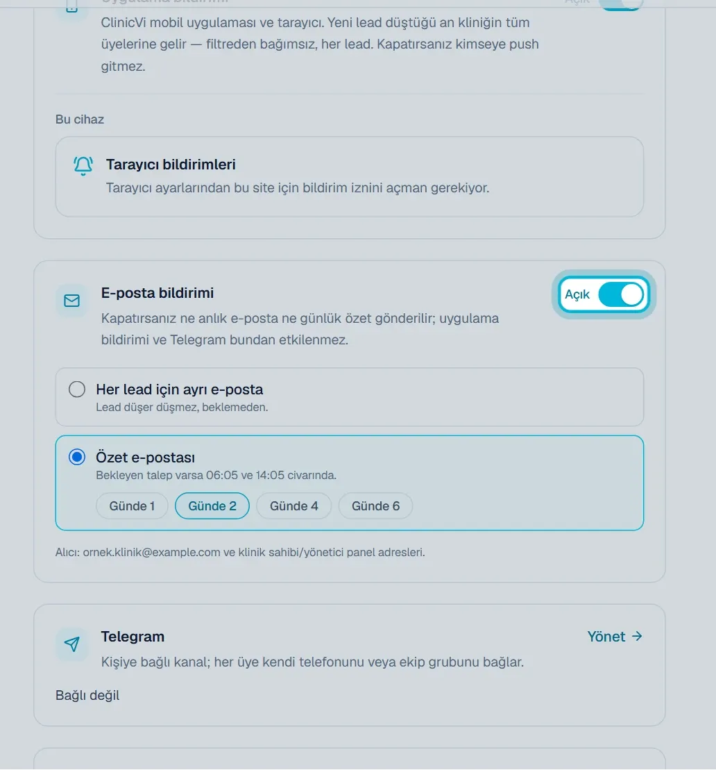 E-posta bildirimi kartındaki Açık anahtarı