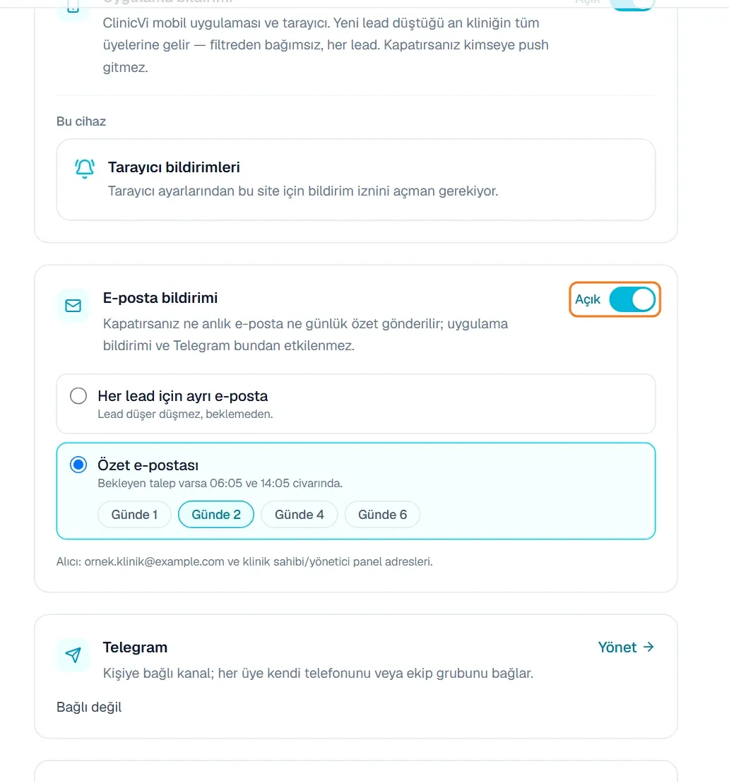 E-posta bildirimi kartındaki Açık anahtarı