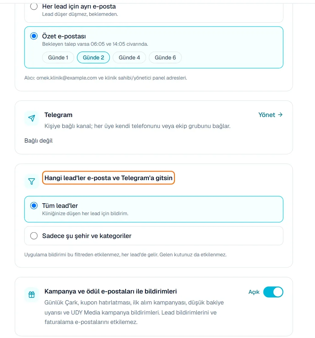 Bildirim Merkezi’ndeki Hangi lead’ler e-posta ve Telegram’a gitsin kartı