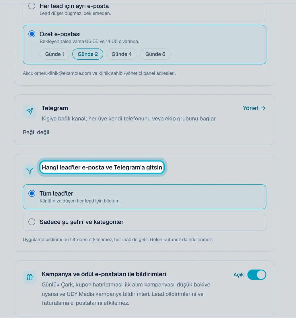 Bildirim Merkezi’ndeki Hangi lead’ler e-posta ve Telegram’a gitsin kartı