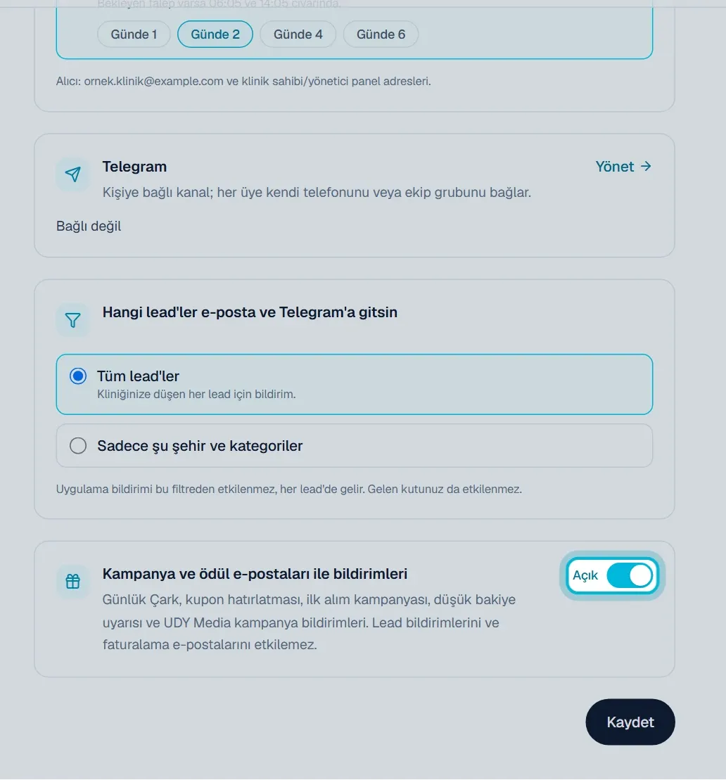 Kampanya ve ödül e-postaları ile bildirimleri kartındaki anahtar