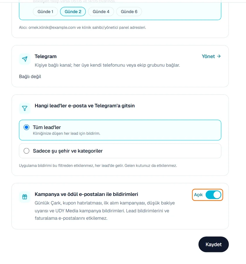 Kampanya ve ödül e-postaları ile bildirimleri kartındaki anahtar