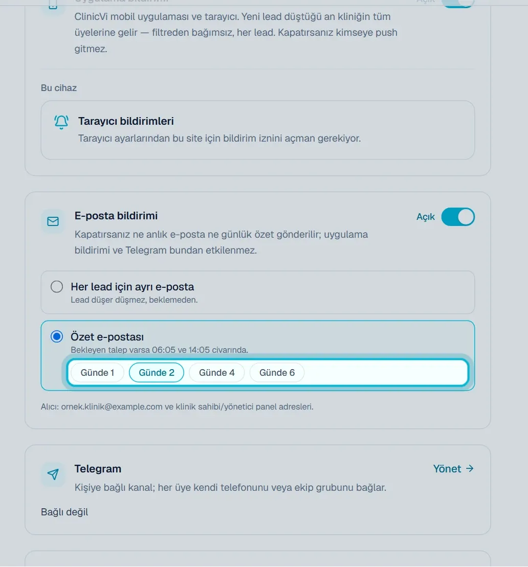 Özet e-postası seçeneğinin altındaki Günde 1, Günde 2, Günde 4 ve Günde 6 seçenekleri