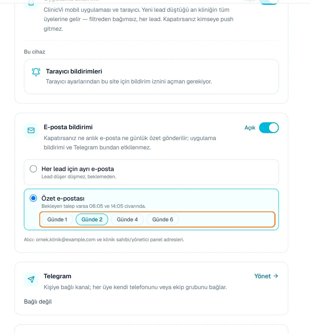 Özet e-postası seçeneğinin altındaki Günde 1, Günde 2, Günde 4 ve Günde 6 seçenekleri
