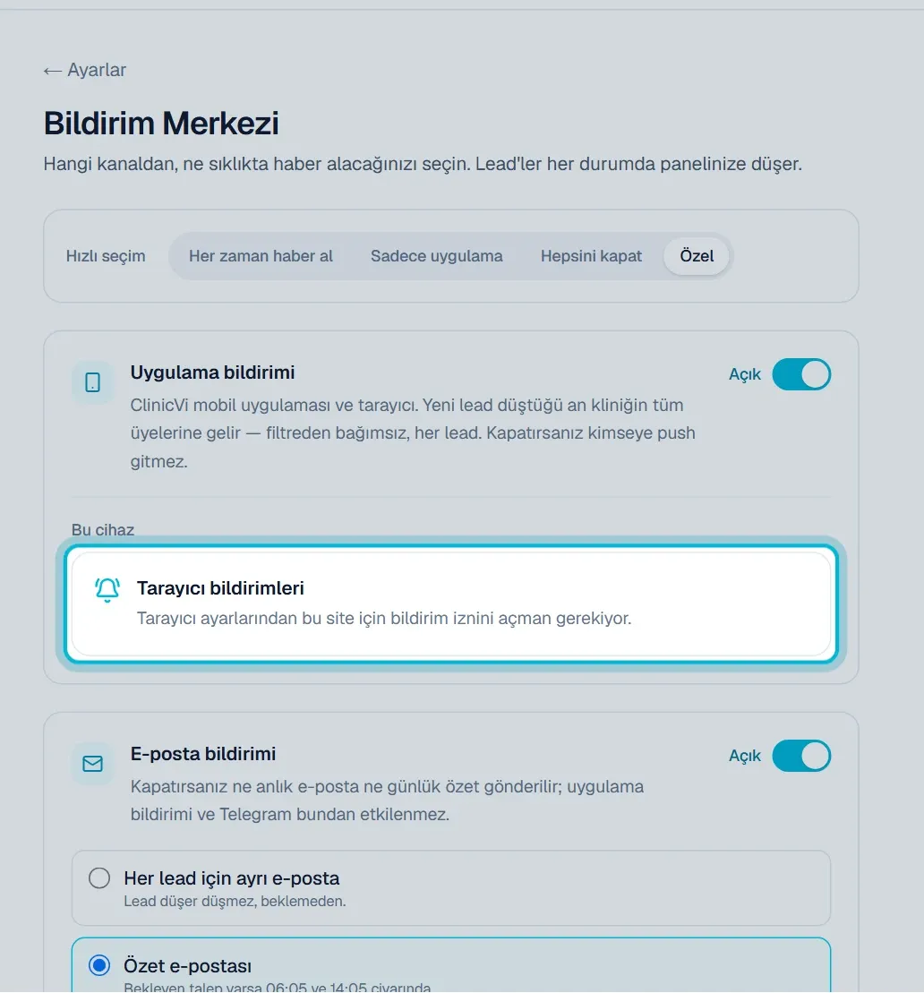 Uygulama bildirimi kartında Bu cihaz başlığının altındaki Tarayıcı bildirimleri kutusu