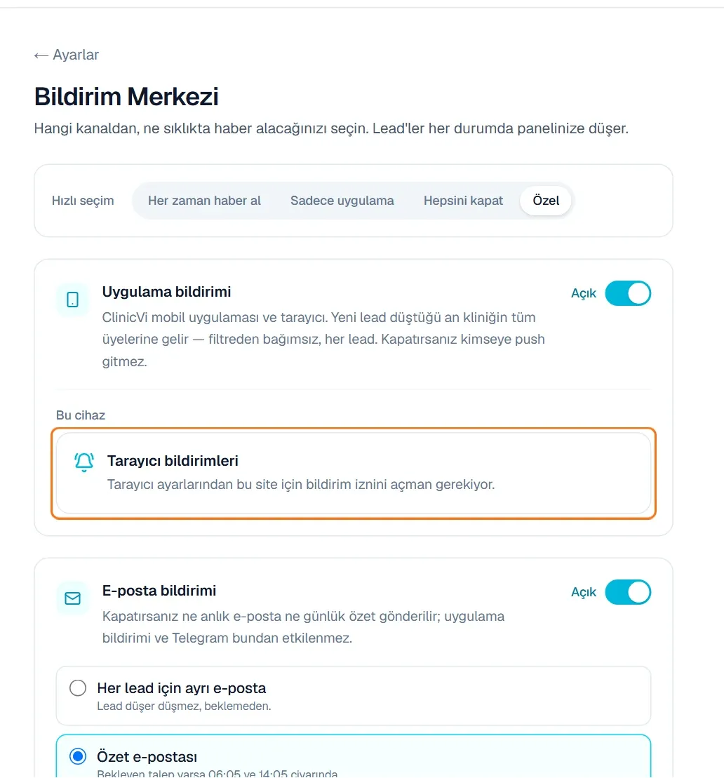 Uygulama bildirimi kartında Bu cihaz başlığının altındaki Tarayıcı bildirimleri kutusu