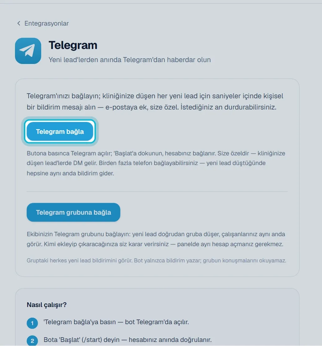 Telegram sayfasındaki Telegram bağla düğmesi