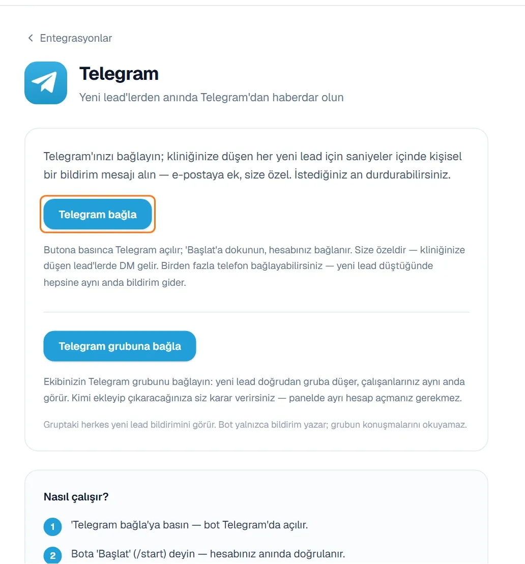 Telegram sayfasındaki Telegram bağla düğmesi