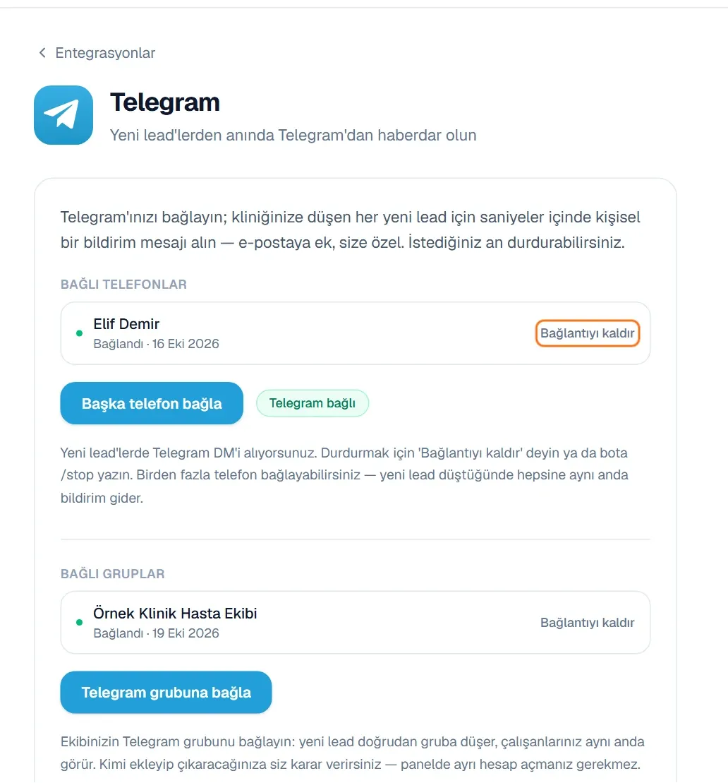 Bağlı telefonlar listesindeki Bağlantıyı kaldır bağlantısı