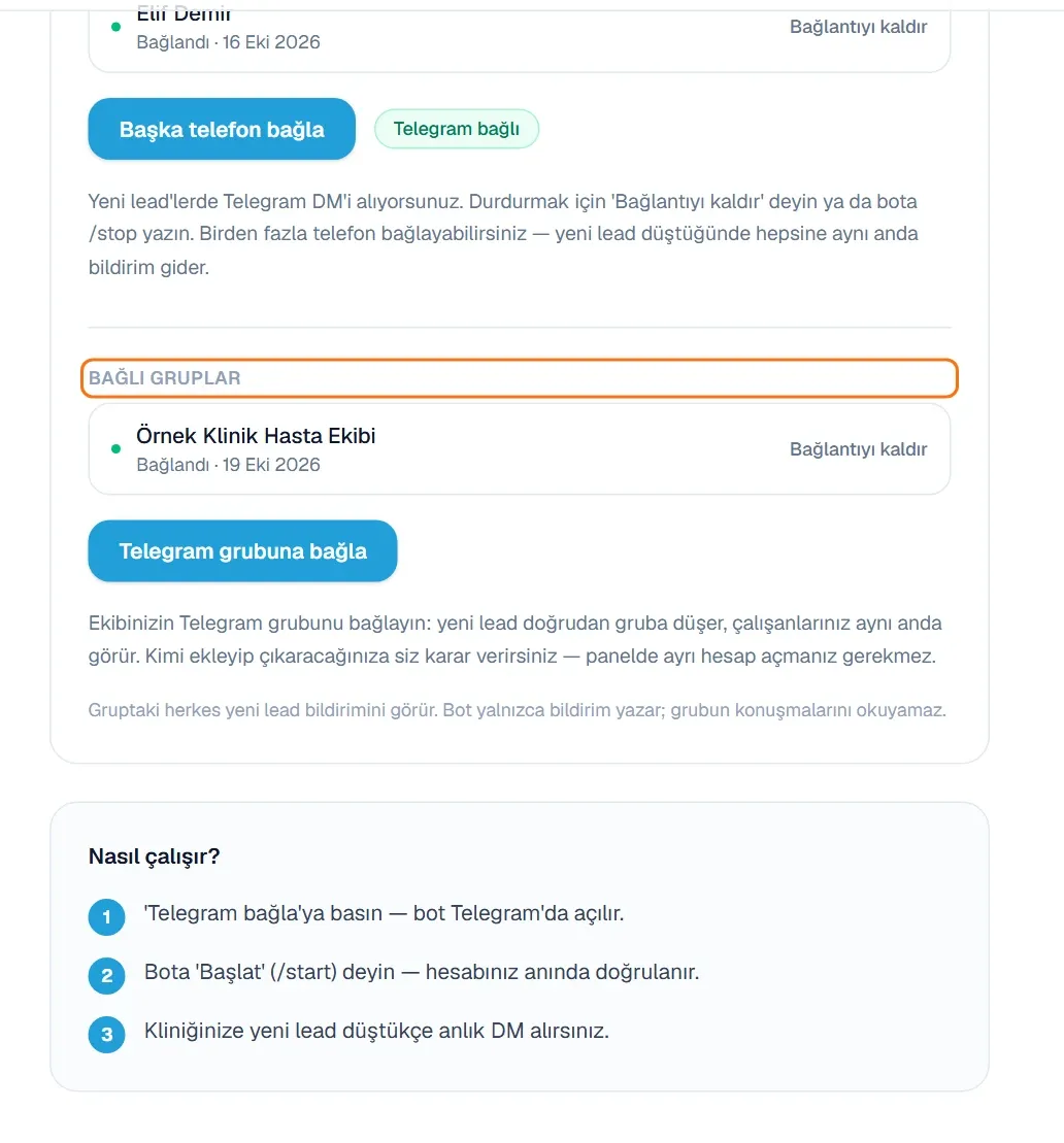 Telegram sayfasındaki Bağlı gruplar listesi
