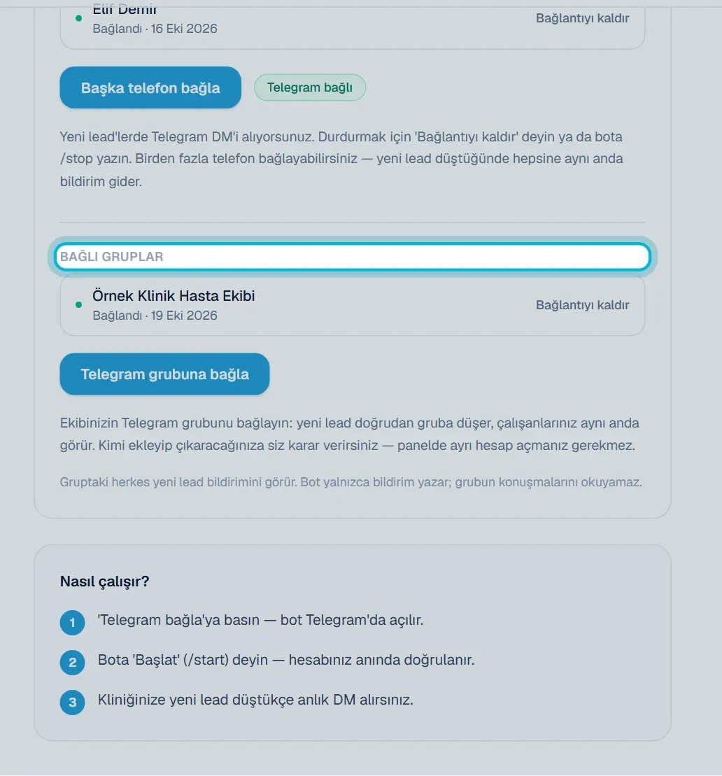 Telegram sayfasındaki Bağlı gruplar listesi