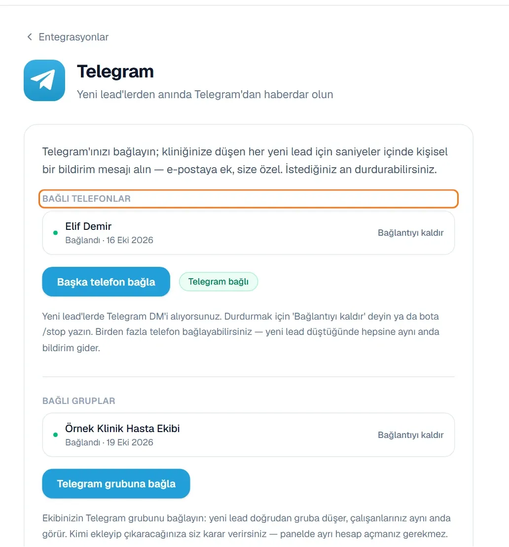 Telegram sayfasındaki Bağlı telefonlar listesi