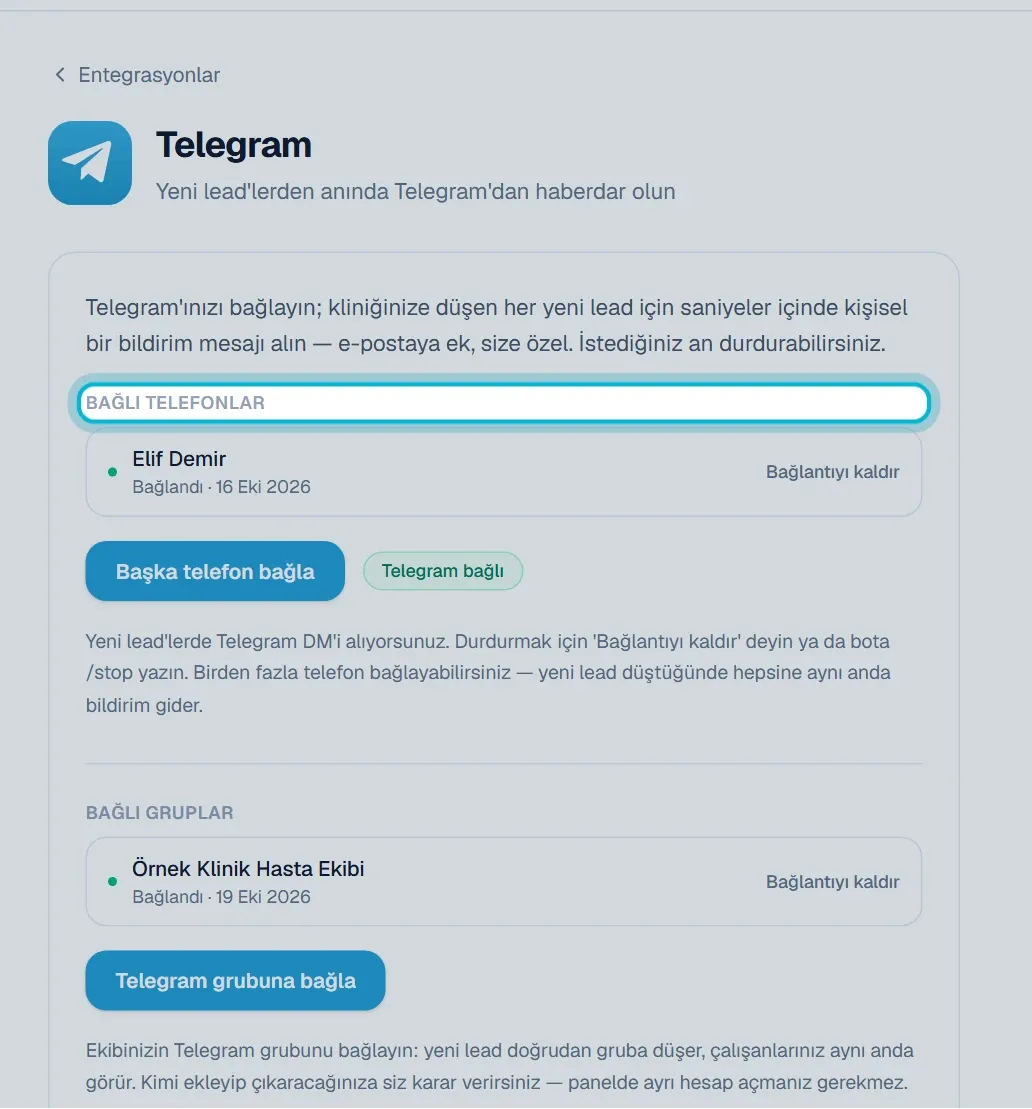 Telegram sayfasındaki Bağlı telefonlar listesi