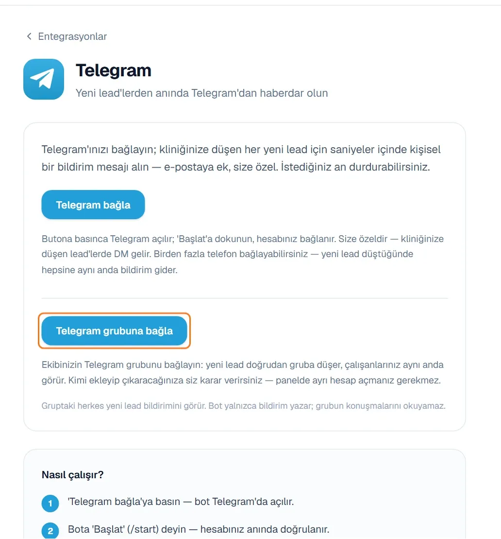 Telegram sayfasındaki Telegram grubuna bağla düğmesi ve gizlilik notu